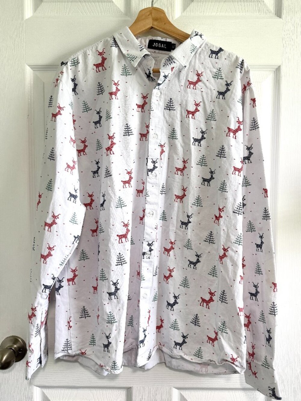 Jogal Men's Christmas Reindeer Pixelated Long Sleeve Button-Down Shirt X-Large